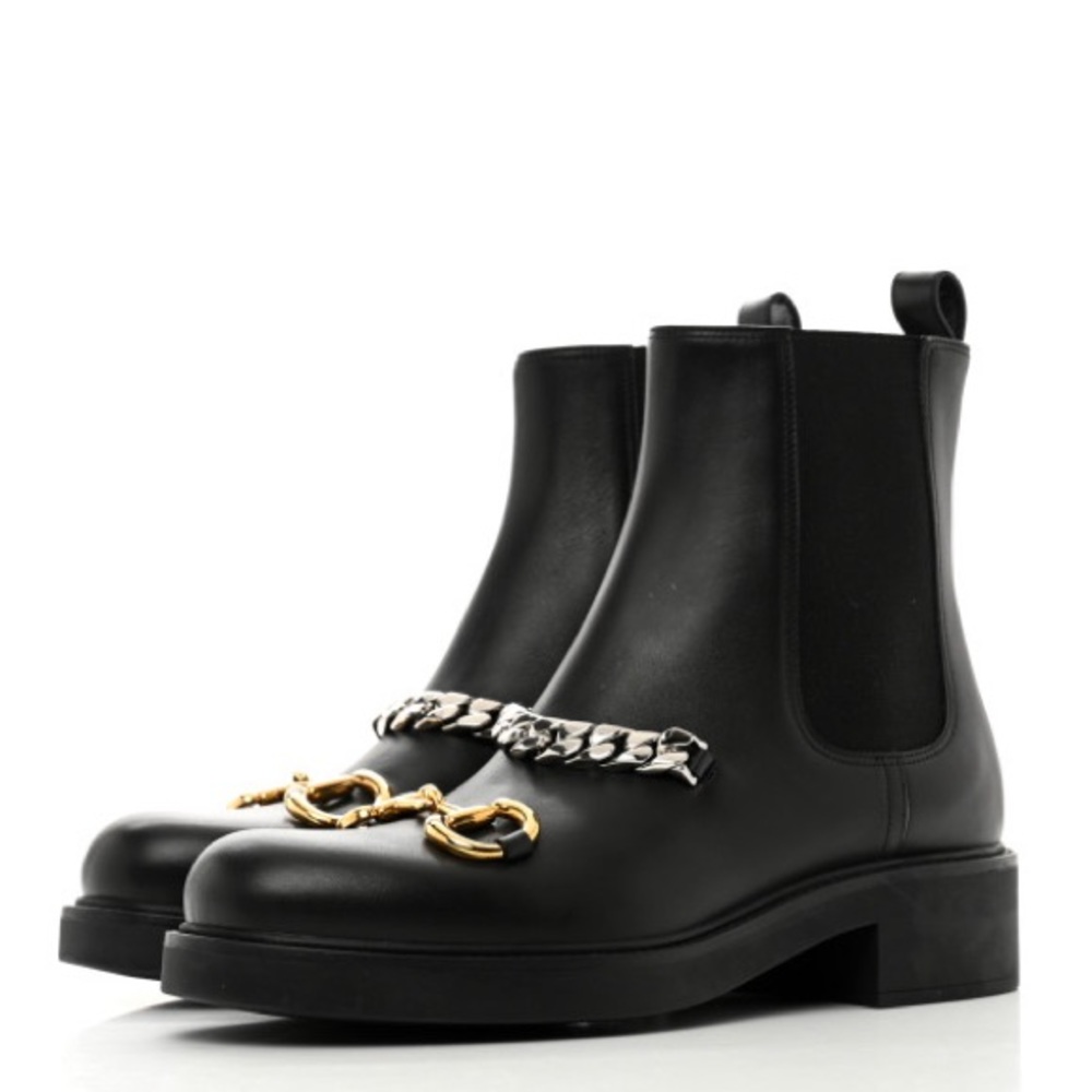 NIB Gucci Flores Calfskin Horsebit Chain Ankle Boots 36.5 Black
